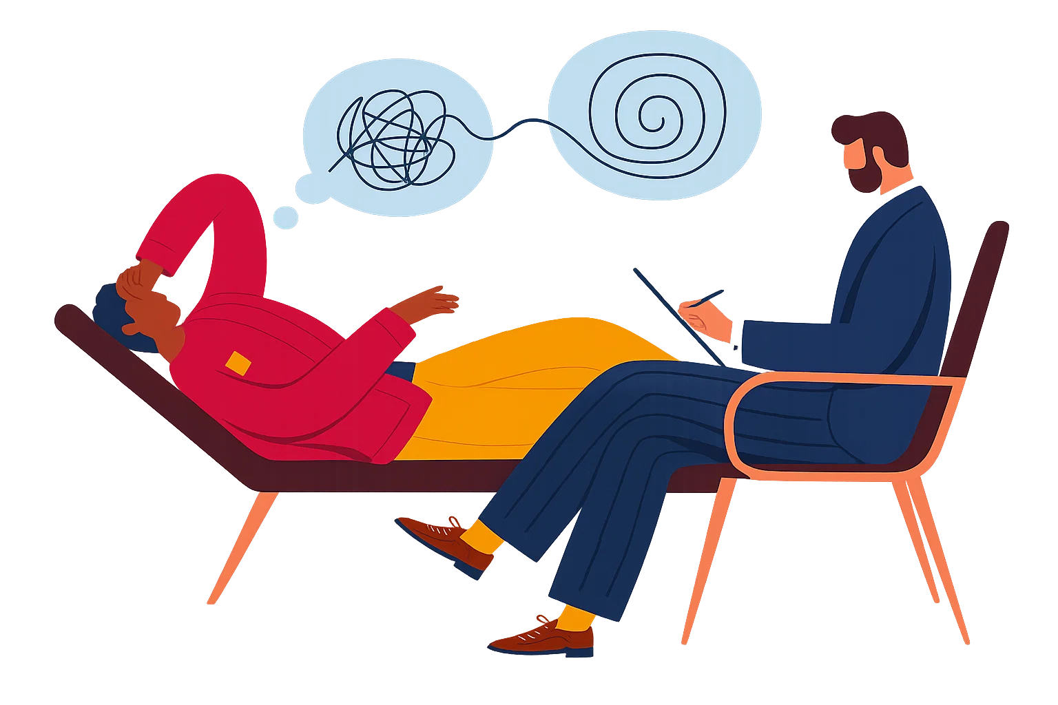 Osoba rozmawiająca z psychoterapeutą – ilustrowana scena sesji terapeutycznej