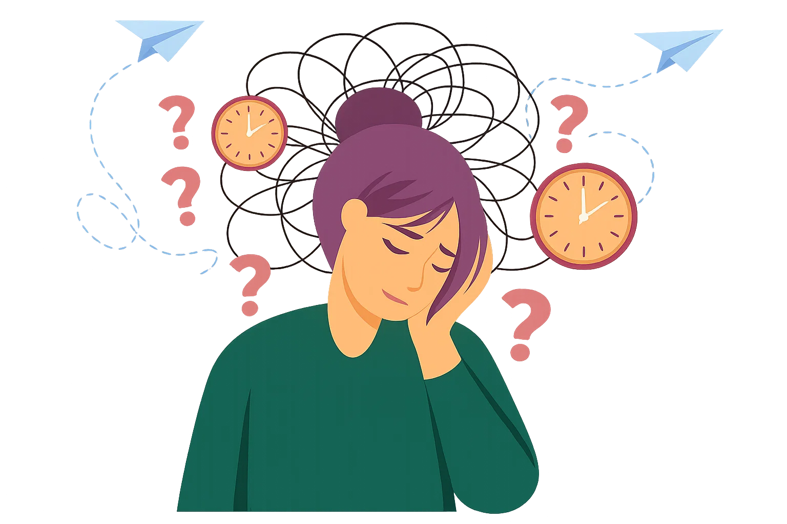 Kobieta z zamkniętymi oczami otoczona symbolami chaosu, zegarami i pytajnikami – metafora objawów ADHD