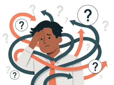 Zdezorientowany mężczyzna otoczony strzałkami i znakami zapytania – symbol trudności w wyborze specjalisty -psycholog, psychiatra czy psychoterapeuta