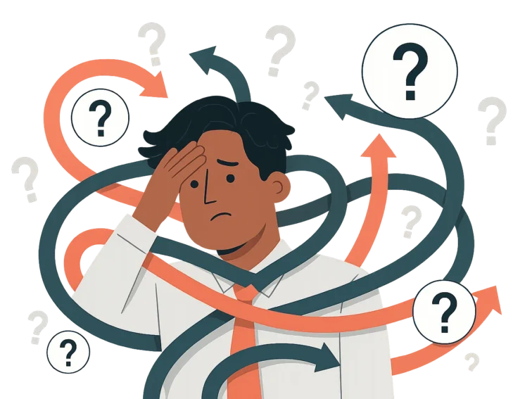 Zdezorientowany mężczyzna otoczony strzałkami i znakami zapytania – symbol trudności w wyborze specjalisty -psycholog, psychiatra czy psychoterapeuta