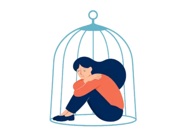 Smutna kobieta zamknięta w przezroczystej klatce – symbol lęku i izolacji psychicznej, potrzebna jest jej pomoc psychologiczna