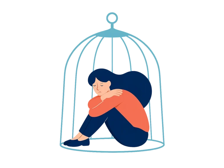 Smutna kobieta zamknięta w przezroczystej klatce – symbol lęku i izolacji psychicznej, potrzebna jest jej pomoc psychologiczna
