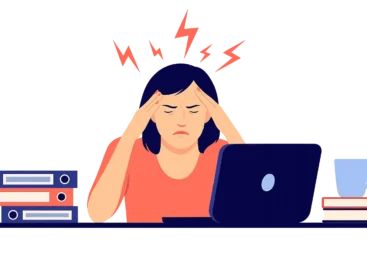 Ilustracja kobiety siedzącej przy biurku z laptopem, z widocznymi oznakami stresu i bólu głowy. Nad jej głową unoszą się symbole piorunów, sugerujące napięcie psychiczne i zmęczenie. Obok komputera znajdują się stosy dokumentów i filiżanka, co wskazuje na zmęczenie i obciążenie obowiązkami.