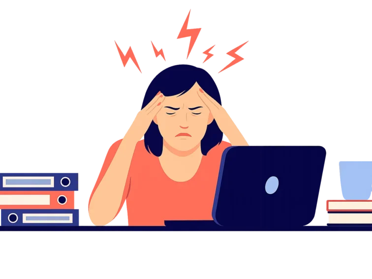 Ilustracja kobiety siedzącej przy biurku z laptopem, z widocznymi oznakami stresu i bólu głowy. Nad jej głową unoszą się symbole piorunów, sugerujące napięcie psychiczne i zmęczenie. Obok komputera znajdują się stosy dokumentów i filiżanka, co wskazuje na zmęczenie i obciążenie obowiązkami.