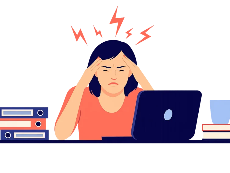 Ilustracja kobiety siedzącej przy biurku z laptopem, z widocznymi oznakami stresu i bólu głowy. Nad jej głową unoszą się symbole piorunów, sugerujące napięcie psychiczne i zmęczenie. Obok komputera znajdują się stosy dokumentów i filiżanka, co wskazuje na zmęczenie i obciążenie obowiązkami.