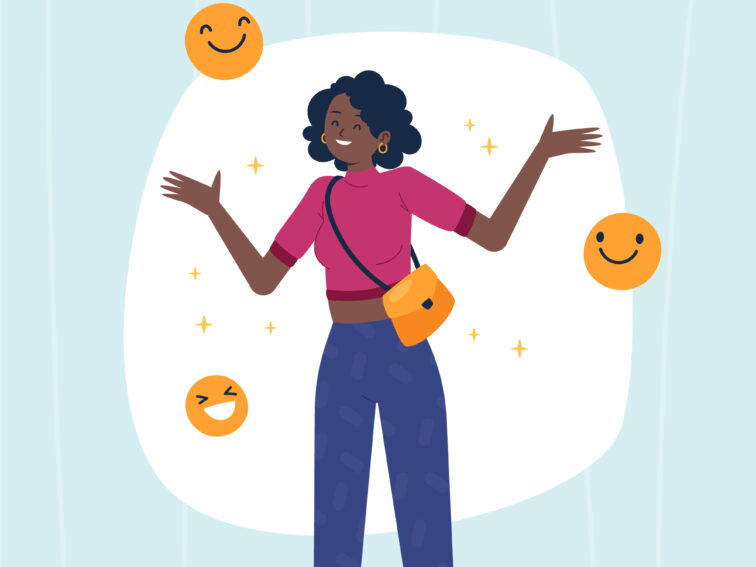 Ilustracja uśmiechniętej kobiety otoczonej ikonami radości, symbolizująca pozytywne emocje i regulację nastroju poprzez memy.