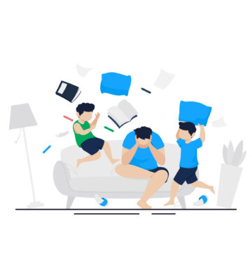 Ilustracja przedstawiająca dzieci z objawami ADHD – jedno energiczne i impulsywne, drugie zestresowane i rozproszone. Symbolizuje trudności z koncentracją i nadruchliwość charakterystyczne dla zaburzenia.