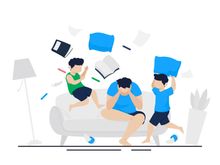 Ilustracja przedstawiająca dzieci z objawami ADHD – jedno energiczne i impulsywne, drugie zestresowane i rozproszone. Symbolizuje trudności z koncentracją i nadruchliwość charakterystyczne dla zaburzenia.